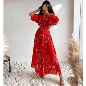 ZARA LONG PRINTED DRESS RED TIE BELT KIMONO NEW SS21 SIZES XS-S